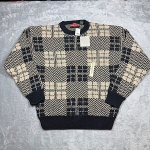 Vintage Stone Haven Crewneck Sweater Mens XL Beige Plaid Hemp Blend 90s